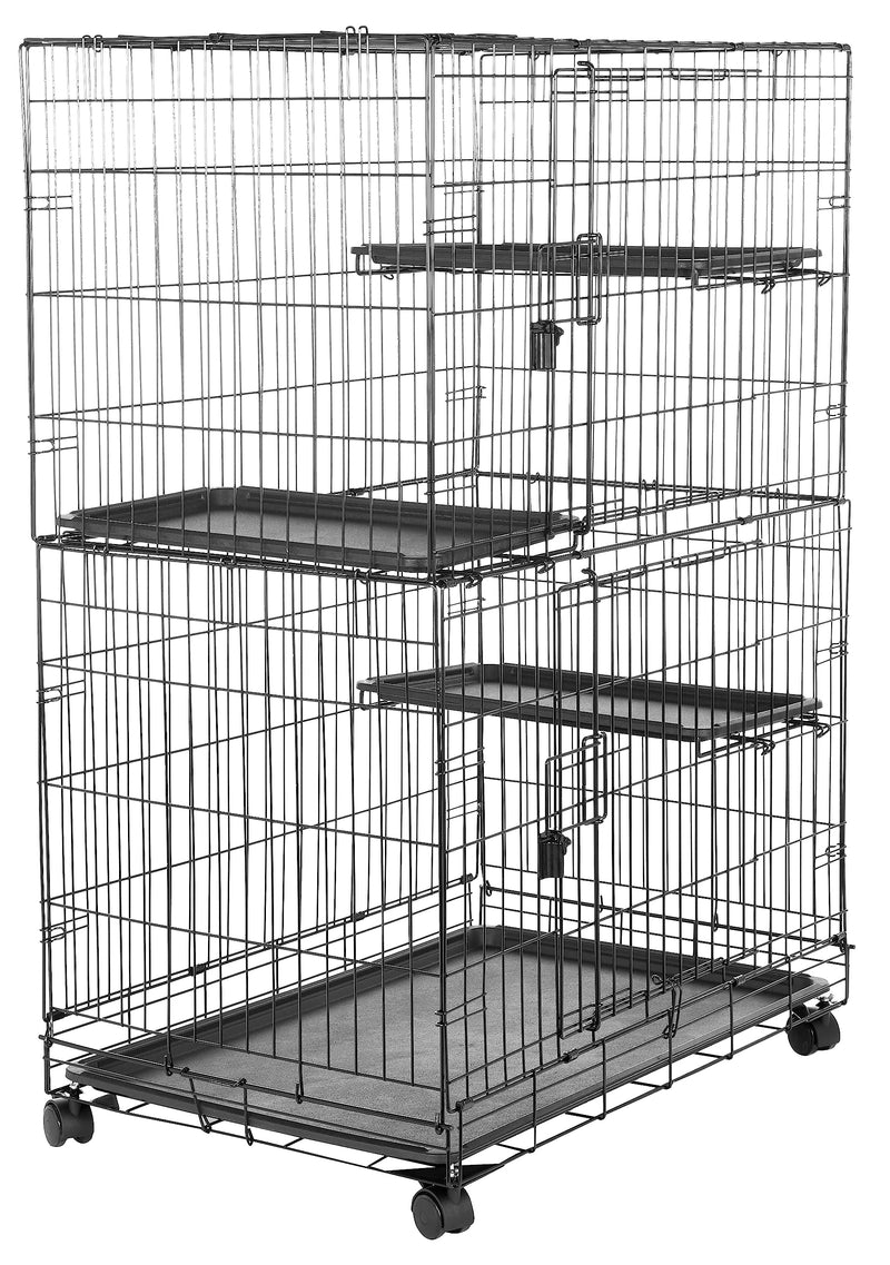 Amazon Basics Large 3-Tier Cat Cage Playpen with Easy to Clean Removable Tray, Front Doors, Portable, Foldable, 35.8