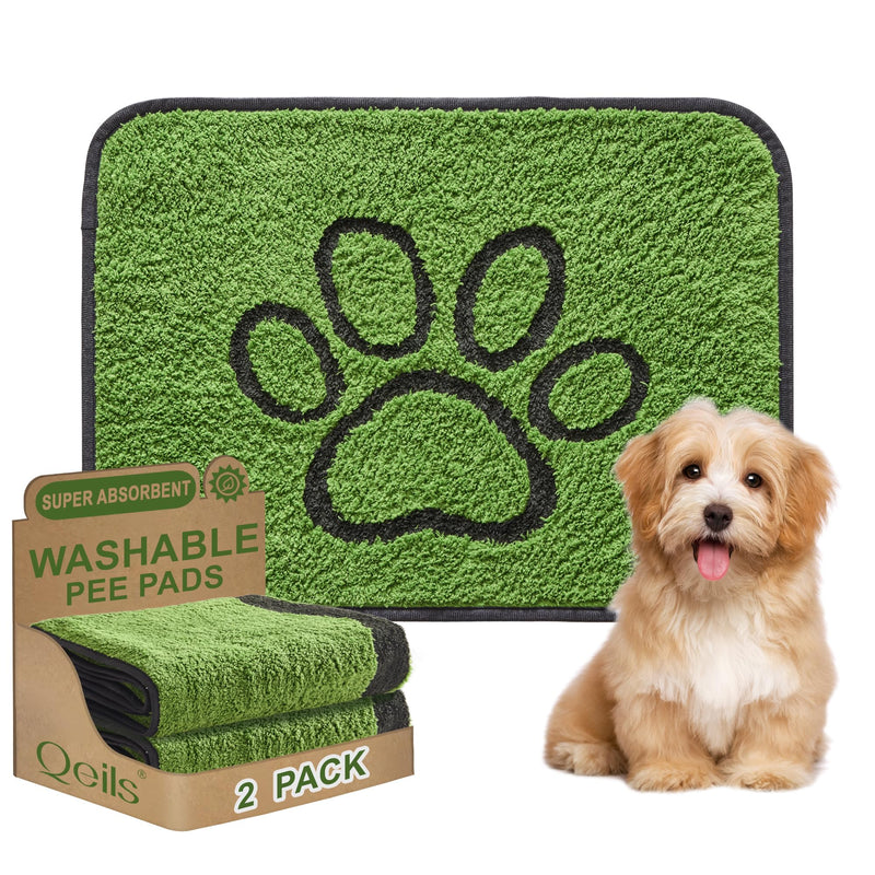 Qeils Reusable Dog Pee Pads, 2 Pack Super Absorbent & Leakproof Washable Puppy Pads with Soft Green Top Layer, for Potty Training, Crates, Couch, Car Seats & Pet Beds, 18