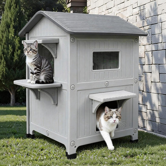 Rockever Plastic Insulated Outdoor Cat House with Escape Door, 2 Story Waterproof Cat House for Outdoor Cats for Feral Cats, Elevated Outside Cat Shelter, Clean and Assemble Easily