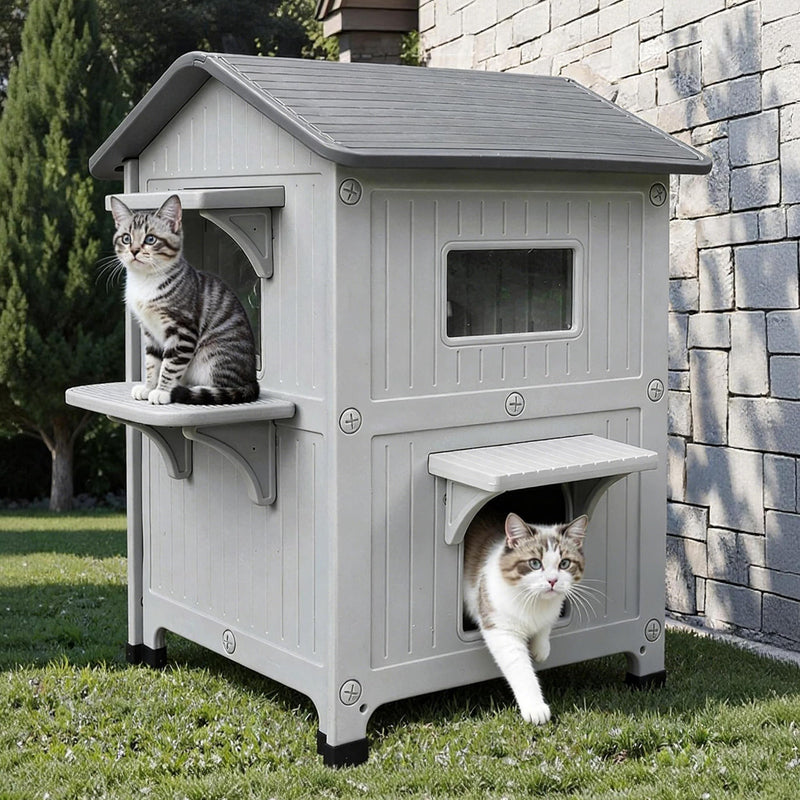 Rockever Plastic Insulated Outdoor Cat House with Escape Door, 2 Story Waterproof Cat House for Outdoor Cats for Feral Cats, Elevated Outside Cat Shelter, Clean and Assemble Easily