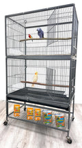 X-Large Sturdy Wrought Iron Breeding Flights Canary Parakeet Cockatiel African Grey Lovebird Finches Parrot Home Cage Double Large Front Doors 4 Side Doors Bottom Storage Shelf On Lockable Wheels