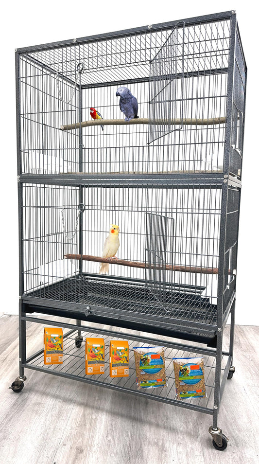 X-Large Sturdy Wrought Iron Breeding Flights Canary Parakeet Cockatiel African Grey Lovebird Finches Parrot Home Cage Double Large Front Doors 4 Side Doors Bottom Storage Shelf On Lockable Wheels