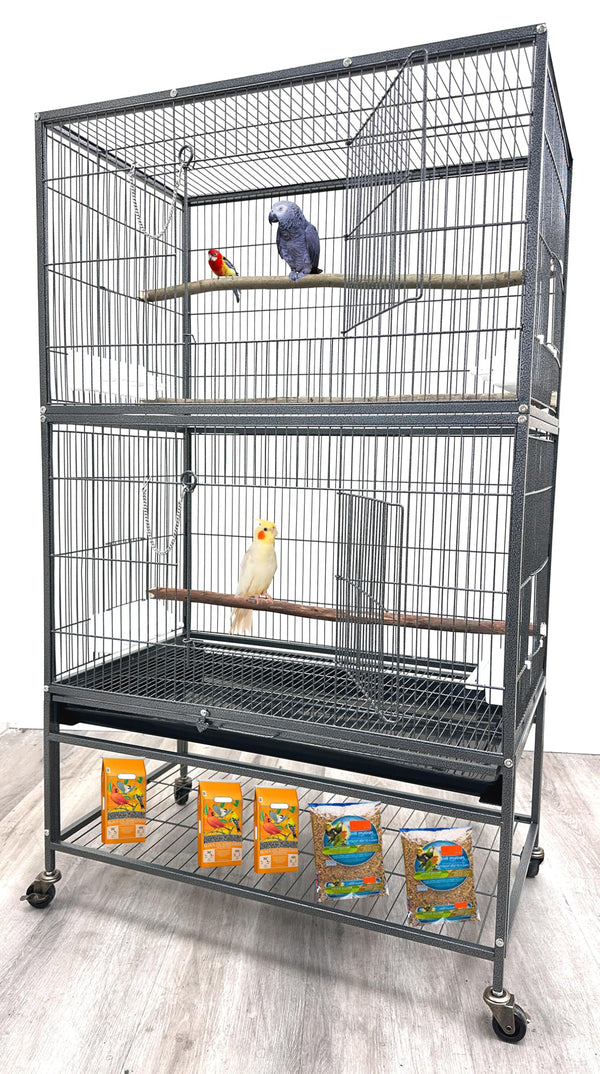 X-Large Sturdy Wrought Iron Breeding Flights Canary Parakeet Cockatiel African Grey Lovebird Finches Parrot Home Cage Double Large Front Doors 4 Side Doors Bottom Storage Shelf On Lockable Wheels