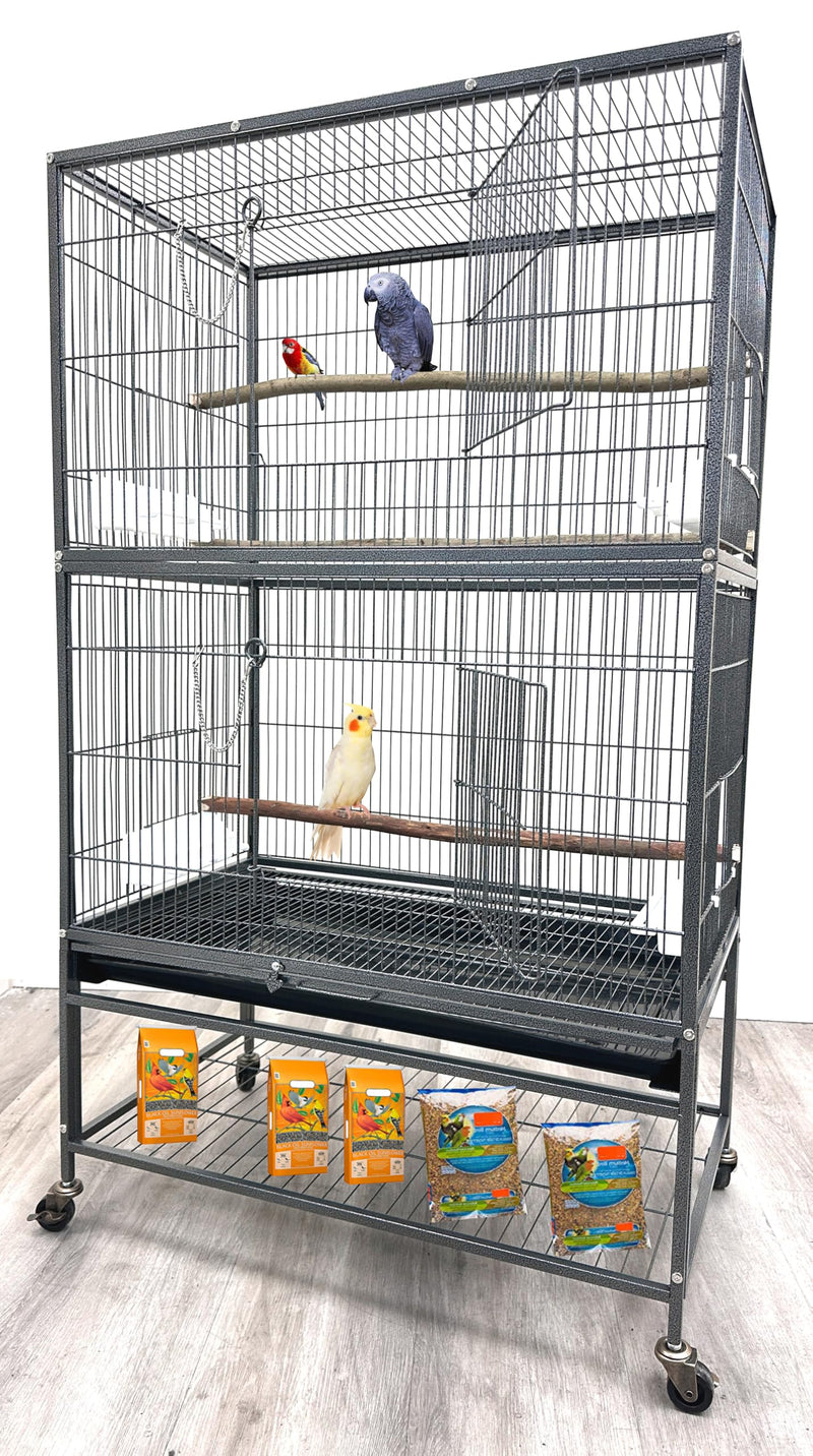 X-Large Sturdy Wrought Iron Breeding Flights Canary Parakeet Cockatiel African Grey Lovebird Finches Parrot Home Cage Double Large Front Doors 4 Side Doors Bottom Storage Shelf On Lockable Wheels