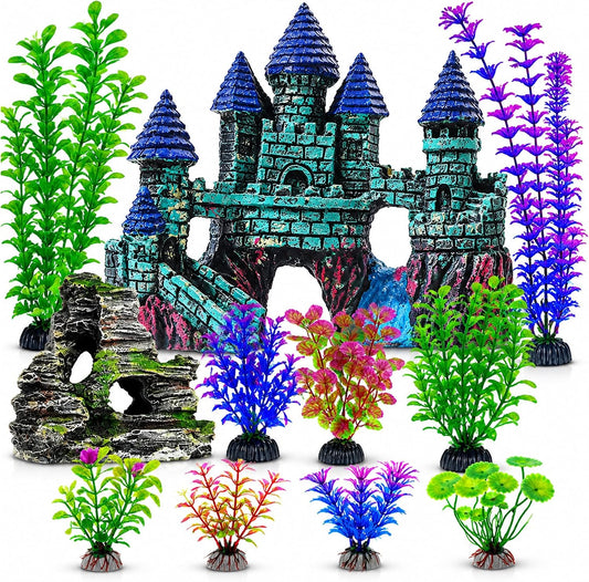Mechpia 13 Pieces Aquarium Decorations Kit, Fish Tank Decorations Set Small Resin Castle and Rockery Betta Fish Cave Hid