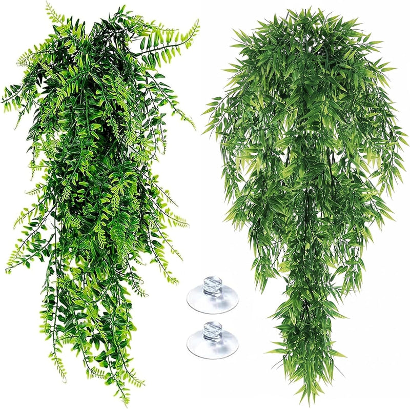 Reptile Plants for Bearded Dragon Tank Accessories, 2 Pack Terrarium Hanging Vines Artificial Leaves with Suction Cups f