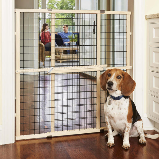 MYPET Wire Mesh Dog Gate: 29.5"-40" Wide, Pressure Mounted with No Tools; Expandable, Durable Pet Gates for Doors and Hallways, 37" Tall, Made with Sustainable Hardwood