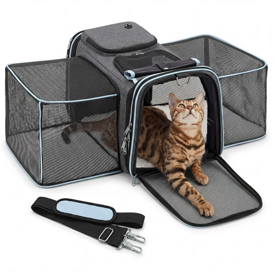 Amoowis Expandable Cat Carrier for Cats and Small Dogs, Airline Approved Under-Seat with Double-Side Extension, Durable 600D Fabric Internal Frame, Ventilated with Safety Leash, Blue