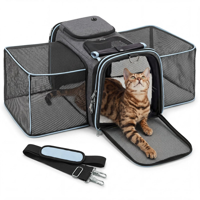 Amoowis Expandable Cat Carrier for Cats and Small Dogs, Airline Approved Under-Seat with Double-Side Extension, Durable 600D Fabric Internal Frame, Ventilated with Safety Leash, Blue