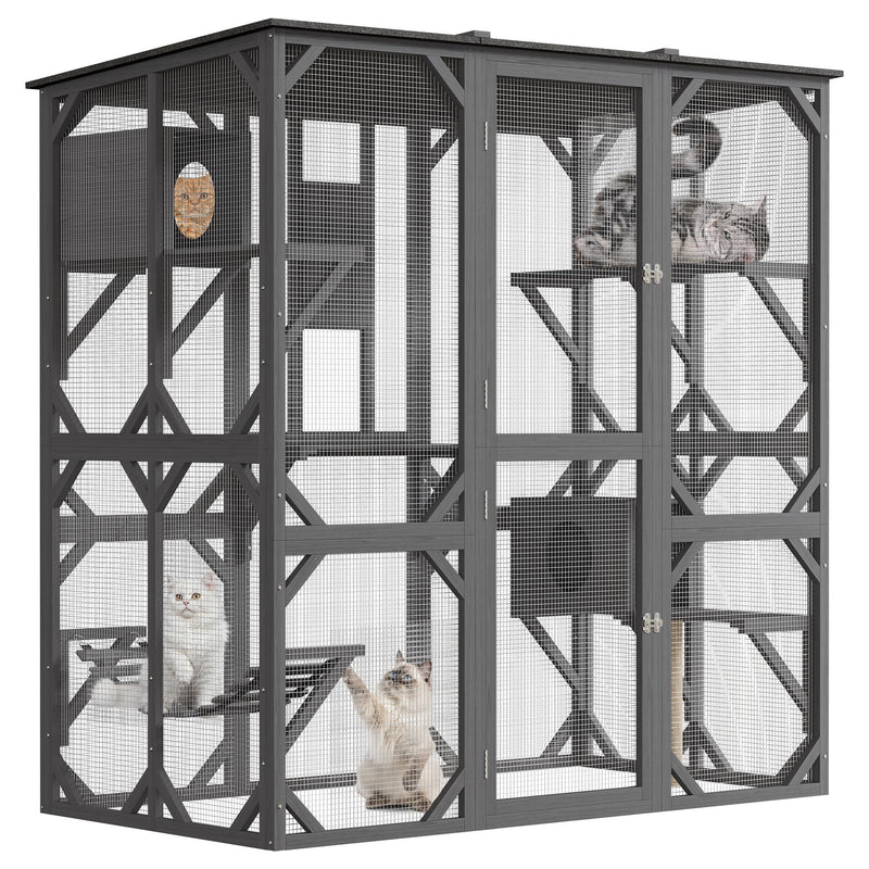 GarveeLife 70in Extra Large Walk-in Catio with Window Access, Outdoor Waterproof Roof Cat Enclosure for Multiple Cats, Cattery with Bridge and Scratching Post Grey