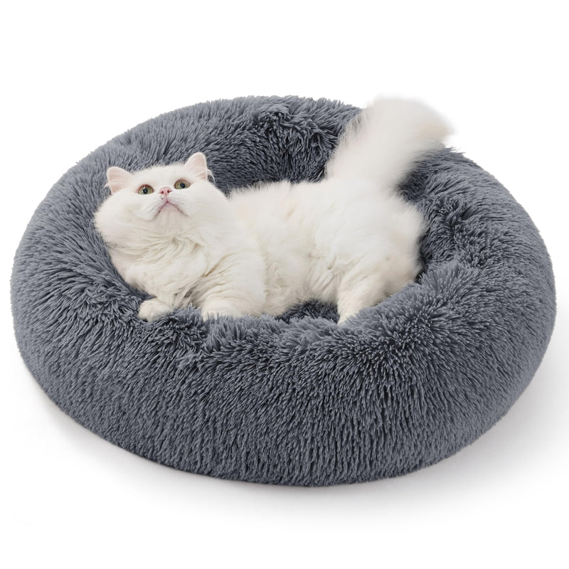 Bedsure Calming Donut Cat Bed - Fluffy Plush Round Pet Bed for Kitten & Puppy, Washable Anti-Anxiety Soft Comfy Cuddler, 20x20 Inches, Grey (Basic Version)