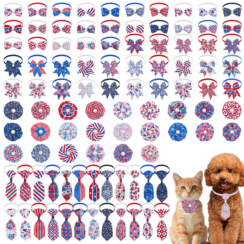 PET SHOW 100pcs Patriotic Small Dogs Bows Ties and Neckties US Flag Collar Flowers 25 Set Stripes&Stars Patterns for Independence Day June 14 July 4th Party Holiday Puppies Grooming Accessories
