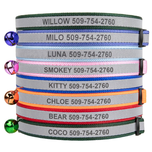 GoTags Personalized Reflective Cat Collars, Engraved Custom Cat Collar with Name and Phone Identification, Breakaway Collar with Safety Release Buckle and Bell, Adjustable for Cats and Kitten, (Blue)