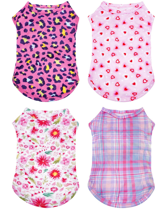 PET SHOW 4 Pack Paw Bone Printed Dog Clothes Shirts Soft Vest Lightweight Sleeveless Cats Doggies T-Shirts Puppies Tank Top Tee for Small Medium Dogs White Black Pink Blue (Medium, Pink for Girls)