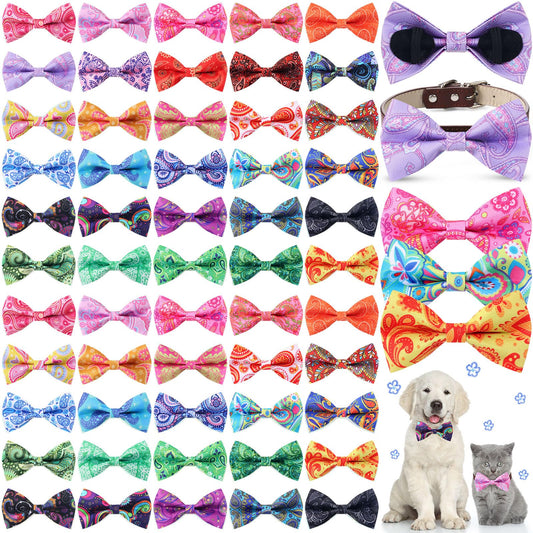 Sanwuta 60 Pcs Paisley Dog Collar Bow Bulk Floral Pet Bow Ties Dog Accessories Detachable Attachment Charms with Elastic Bands for Small Medium Large Dogs Cat Puppy Bows Grooming Supplies