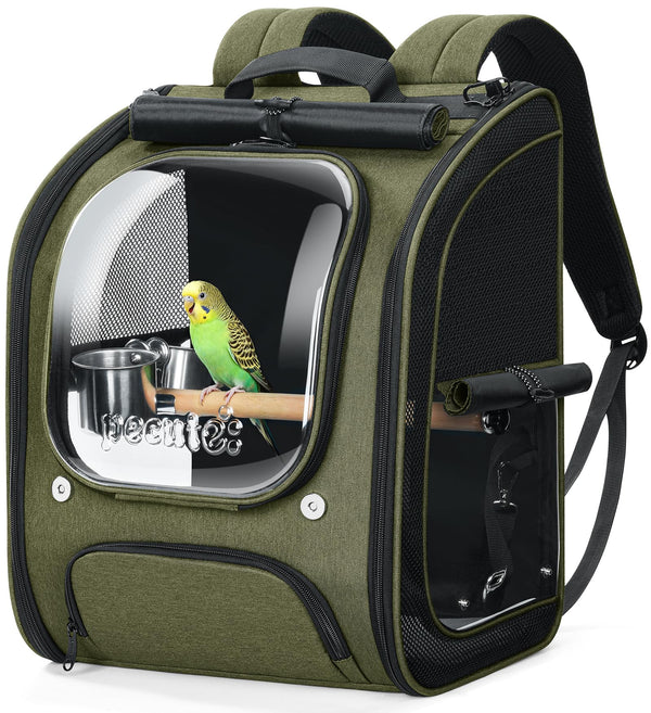 Pecute Bird Backpack Carrier for Small Birds,Cockatiel,Parrot,Bird Carrier with Standing Perch,Comfy Mat&Transparent Window, Breathable Bird Backpack for Vet Visit,Shopping and Outdoor Adventure,Green