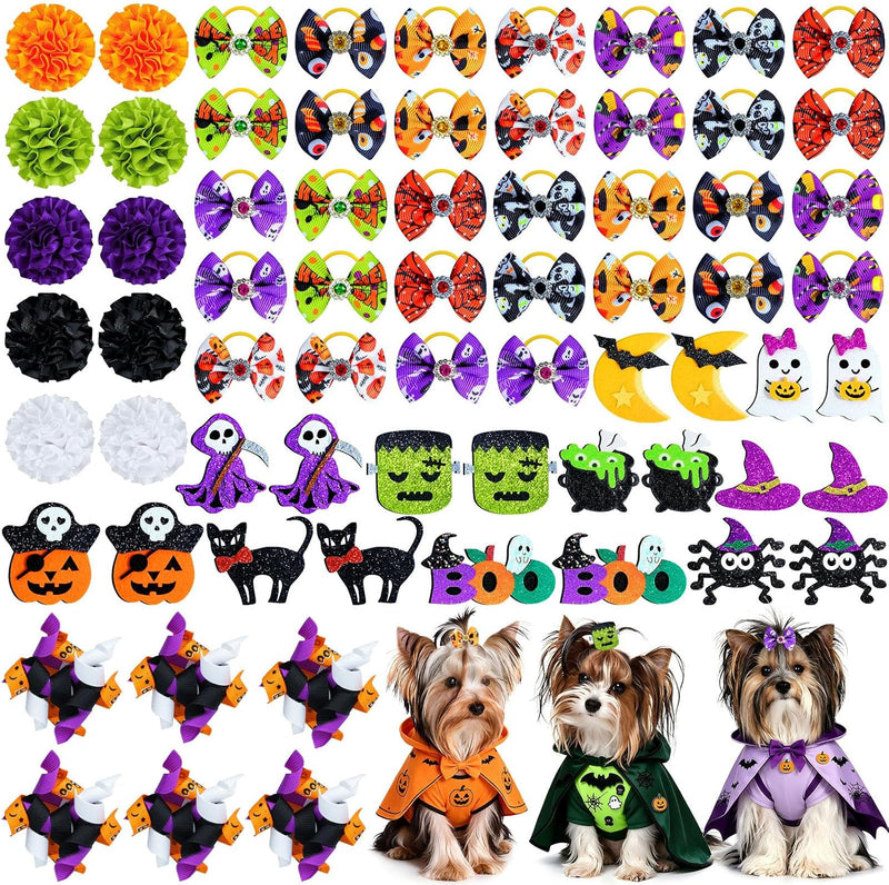 SUMMORO 68Pcs/34Pairs Halloween Dog Hair Bows with Rubber Bands, Spooky