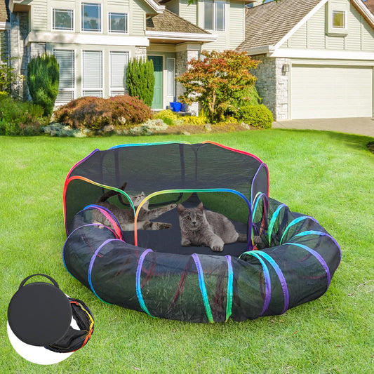 PLITTPETTS Outdoor Cat Enclosure, Portable Catio Playground with Tent & Tunnel for Cats and Small Animals, Foldable Cat Playpen Includes Storage Bag for Outside and Indoor Play, Rainbow Color