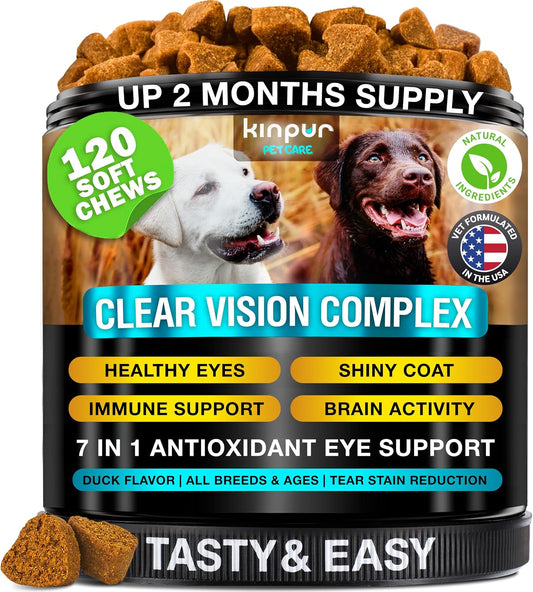 Clear Vision Eye Vitamins for Dogs – 4‑in‑1 Lutein, Lycopene, Vitamin C, Carrot & Fish Oil Vision Support for Senior & Adult Dogs with Cloudy Eyes & Tear Stains, Soft Duck Chews, 120 Tasty Treats