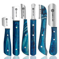 FLAMIA & JABZ FJ Professional Stripping Knife kit (6 pieces set) for Dogs & Pets, Wooden Handle Grip with Stainless Steel Blade (Right handed) (Blue)
