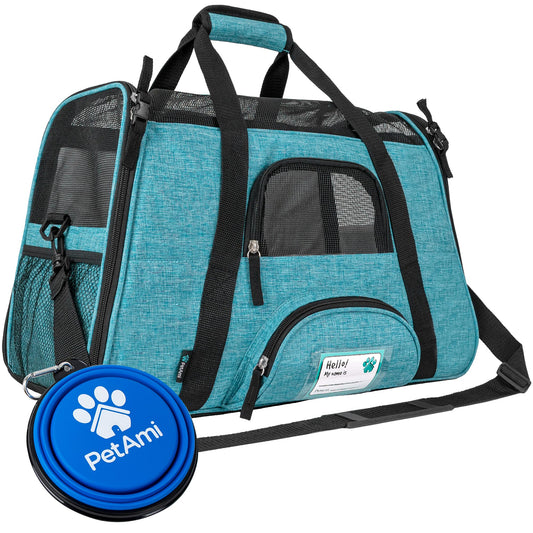 PetAmi Airline Approved Pet Carrier for Cats & Small Dogs, Soft Sided TSA Travel Carrier Bag Sherpa Bed, Breathable Mesh Ventilation, Collapsible Bowl, Fit Under Seat, Up to 18 lbs, Small Heather Blue