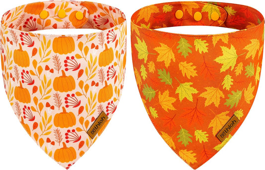 Fall Dog Bandanas - 2 Pack Thanksgiving Dog Bandana with Snap Button | Reversible Pumpkin Pet Scarf for Boy & Girl | Pre