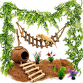 Crested Gecko Tank Accessories, Reptile Bridge and Plants with Coconut Shell Ladder Hideout, Natural Terrarium Decor for