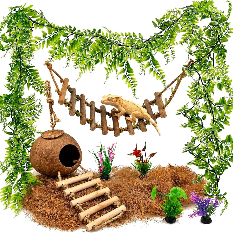 Crested Gecko Tank Accessories, Reptile Bridge and Plants with Coconut Shell Ladder Hideout, Natural Terrarium Decor for