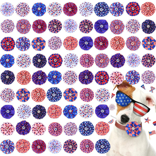 Sumind 80 Pcs 4th of July Dog Collar Bows Patriotic Memorial Day Bow Ties Flowers Charms Grooming for Small Medium Large Dogs Cats Collar Independence Day Party Decoration Costume Supplies