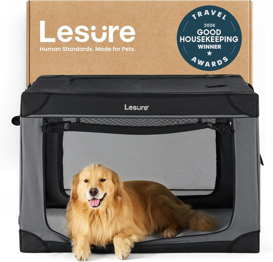 Lesure Shown on TODAY Show Soft Collapsible Dog Crate - 42 Inch Portable Travel Crate for Extra Large Dogs Indoor & Outdoor, 4-Door Foldable Pet Kennel with Mesh Windows, Black