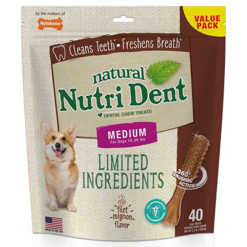 Nylabone Nutri Dent Dog Dental Chews, Natural Teeth Cleaning Dental Treats & Breath Freshener for Dogs, Filet Mignon Flavor, Medium (40 Count)