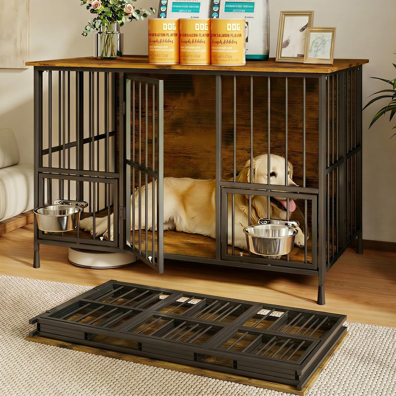 Hadulcet Foldable Dog Crate Furniture, 41'' Dog Crates for Large Dogs with Storage Top, Wooden Indoor Dog Kennel Table for Large to Medium Dogs, Furniture Style Dog Cage with 2 Bowls Rustic Brown
