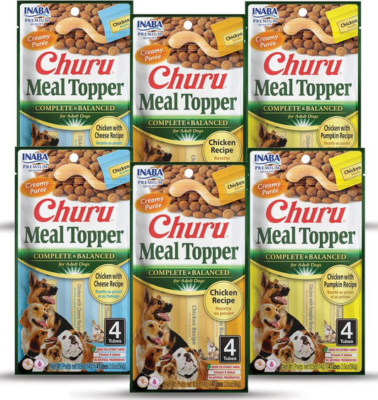 INABA Churu Meal Topper for Dogs, Complete & Balanced, Creamy, Lickable Purée Dog Food Topper, 0.5 Ounce Tube, 20 Tubes (4 per Pack), 5 Flavor Variety