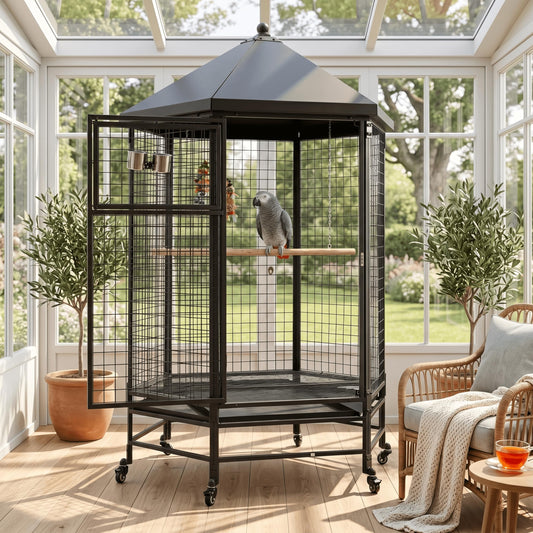 Belnest 69" Extra Large Bird Cage for Parrots, Heavy Duty Metal Aviary on Wheels with Rolling Stand & Slide-Out Trays for African Greys, Cockatoos, Conures, Macaws, Indoor Outdoor, Black