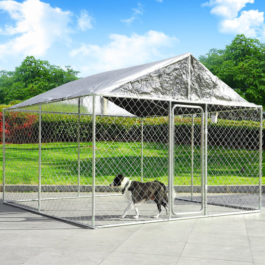 Grepatio 10x10FT Outdoor Dog Kennel with Roof, Large Outside Dog Kennel Cage, Heavy Duty Dog Playpen Pen Run with Secure Lock, Dog House with Waterproof Cover for Large Dog