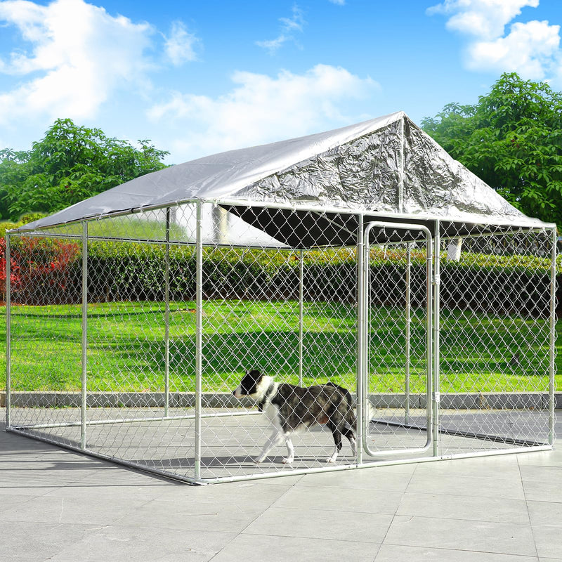 Grepatio 10x10FT Outdoor Dog Kennel with Roof, Large Outside Dog Kennel Cage, Heavy Duty Dog Playpen Pen Run with Secure Lock, Dog House with Waterproof Cover for Large Dog