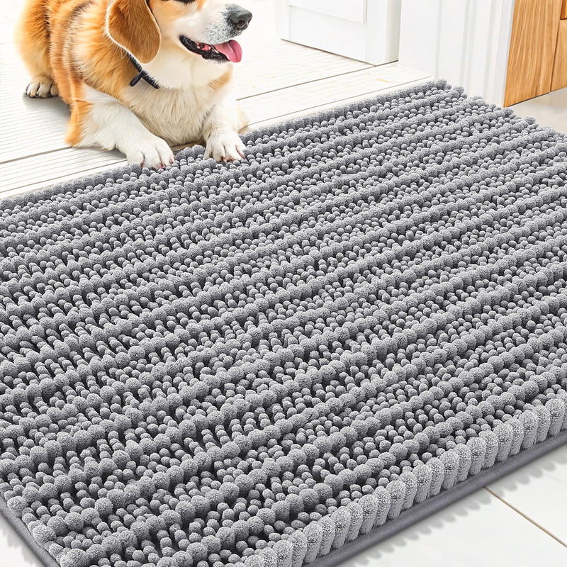 Smiry Dog Door Mat for Muddy Paws 30x20, Extra Soft Absorbent Chenille Doormat, Trap Moisture and Dirt, Non-Slip Machine Washable Front Door Mat for Indoor Entrance Inside Floor, Grey