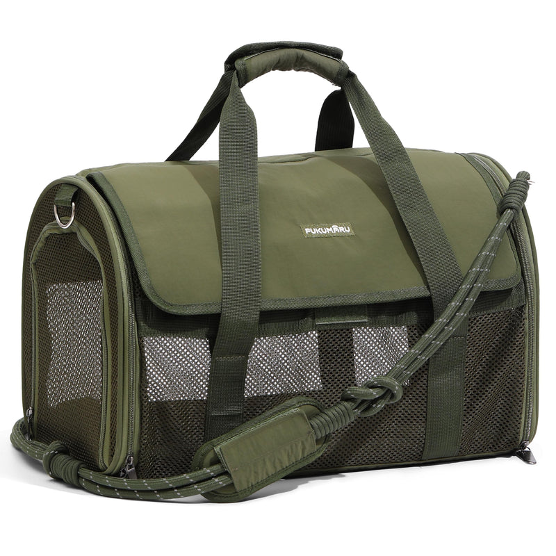 FUKUMARU Cat Carrier, Light & Airy Pet Carrier, 18x11x11 Airline Approved Dog Carrier for Small Dogs, 2-in-1 Shoulder Strap Leash, Collapsible Soft Cat Travel Carrier with Anti-Scratch Mesh, Green