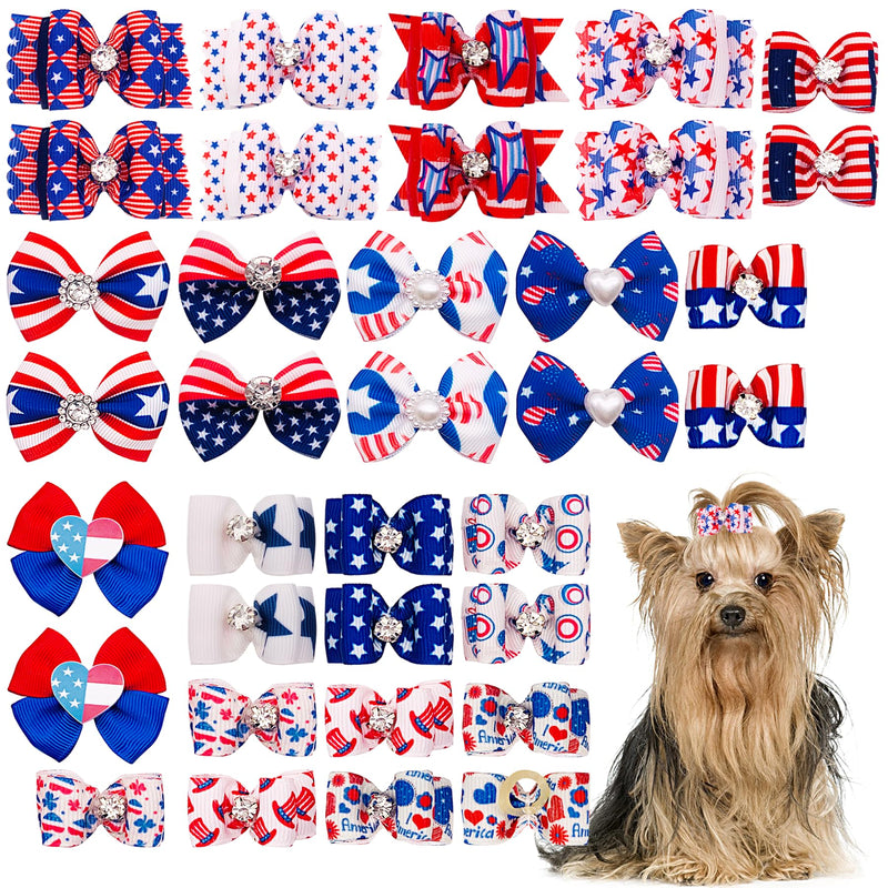 PET SHOW 20pcs 4th of July Patriotic Flag Small Dog Hair Bows with Rubber Bands for Medium Dogs Memorial Independence Day Puppies Cats Kittens Rabbits Yorkie Topknot Grooming Costumes Hair Accessories