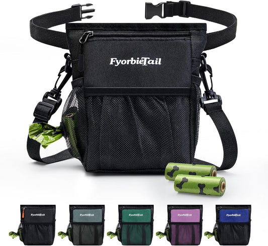 Fyorbietail Dog Treat Pouch, 4 Cup Waterproof Dog Training Bag, Hands-Free 3 Ways to Wear, Magnetic Closure, Multi-Pocket, with 2 Rolls Poop Bags (Black)