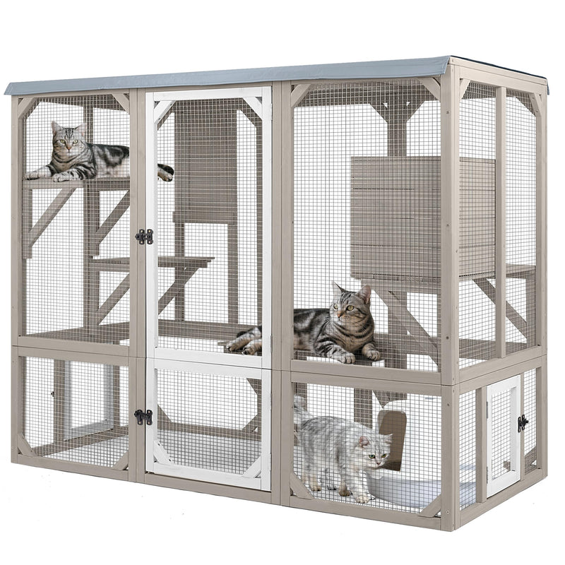 PetsCosset Catio Outdoor Cat Enclosures Cat's House for Indoor Outdoor for 1-3 Cats Window Catio Wooden Outside Patio with Resting Room,Waterproof Roof,Jumping Playforms
