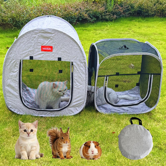 lukidoki Portable Cat Playpen, Pop-up 2-in-1 Crate Playpen with Litter Box Area for Travel Indoor Outdoor, Foldable Pet Playpen Enclosed for Kitten Puppy Rabbit Hamster Small Animals