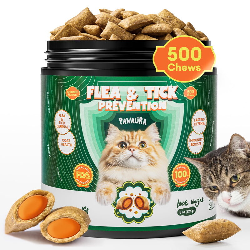 PAWAURA Flea and Tick Prevention for Cats – 500 Crunchy & Creamy Chews with Coconut Oil, Neem & Flaxseed – Supports Skin & Coat – Daily Oral Supplement, Chicken Flavor – for All Cats