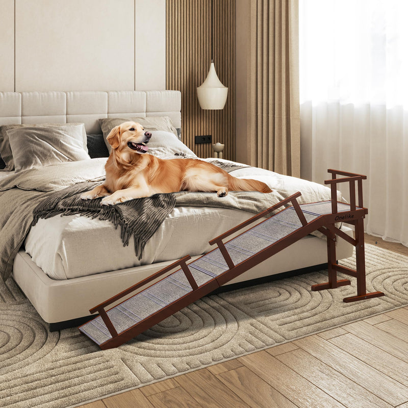 Onelike Wooden Dog Ramp for Bed with Removable Side Rail and Non-Slip Carpet, Stable Pet Ramp Stair for Couch Sofa for Small & Large & Senior Dogs, 74