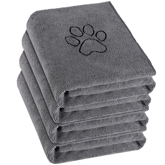 Chumia 4 Pack Dog Towels for Drying Large Microfiber Grooming Tools Absorbent Soft Bath Supplies with Embroidered Paw for Small Medium Pet Products(16 x 32 Inch,Gray)