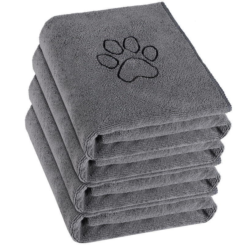 Chumia 4 Pack Dog Towels for Drying Large Microfiber Grooming Tools Absorbent Soft Bath Supplies with Embroidered Paw for Small Medium Pet Products(16 x 32 Inch,Gray)