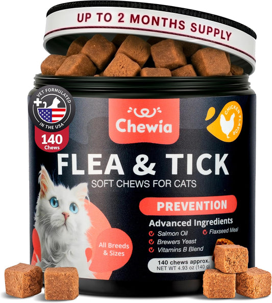 Flea Treatment for Cats - Daily Oral Cat Flea and Tick Treatment Chews - Chewable Kitten Flea Treatment - Soft Treats for All Breeds & Ages - Natural Chicken-Flavor Flea and Tick Supplement for Cats