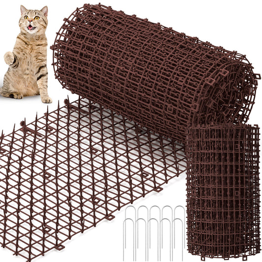 Sanwuta 2 Pcs 26.3 ft Cat Spike Mat Outdoor Cat Deterrent Mat with Spikes Prickle Strips Indoor Dog Digging Deterrent Anti Network Spikes with 10 Staples for Garden Fence(Brown)