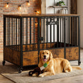 IRONCK 42.1" Dog Crate Furniture with Included Dog Toy, Heavy Duty Wooden Dog Kennel with 5 Wheels for Medium to Large Dogs, Rustic Brown