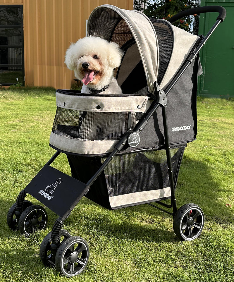 ROODO 4 Wheel Dog Cat Pet Stroller Best Lightweight Foldable Compact Portable Jogger All Terrain Travel Pet Gear Puppy Doggie Bunny Kitty Stroller for up to 30lbs Medium Small Dogs Cats(Light Khaki)